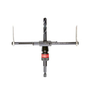 Milwaukee adjustable hole cutter with black twist drill bit, red quick-lock chuck, and horizontal measurement scale with side