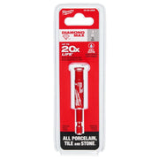 Milwaukee 3/8" Diamond Max one-piece hole saw with red cylindrical body in clear plastic packaging.