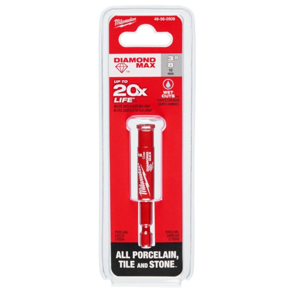 Milwaukee 3/8" Diamond Max one-piece hole saw with red cylindrical body in clear plastic packaging.