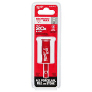 Milwaukee 5/8" diamond hole saw with red cylindrical body and metal arbor in clear plastic packaging.