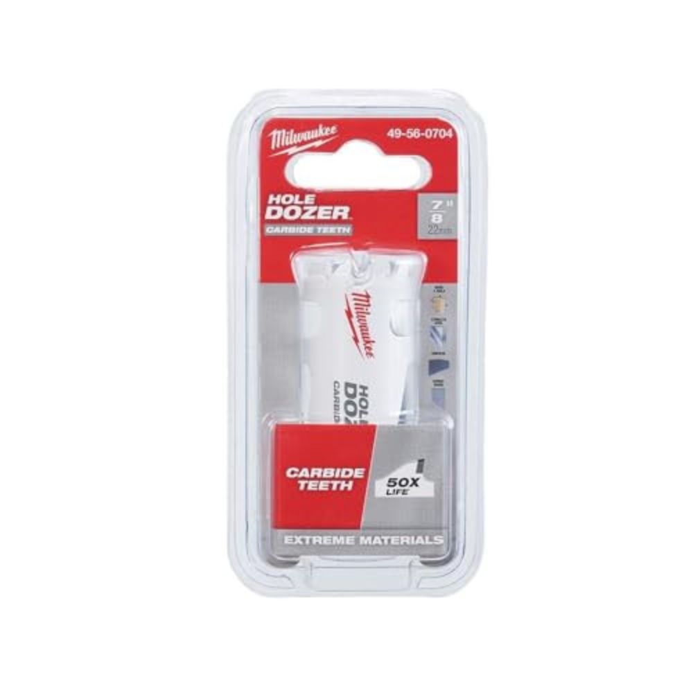 Milwaukee 7/8" HOLE DOZER hole saw with carbide teeth in clear plastic clamshell packaging.