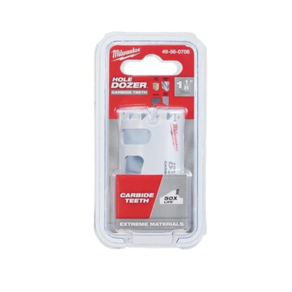 Milwaukee HOLE DOZER 1-1/8 inch carbide teeth hole saw in clear clamshell packaging with red label.
