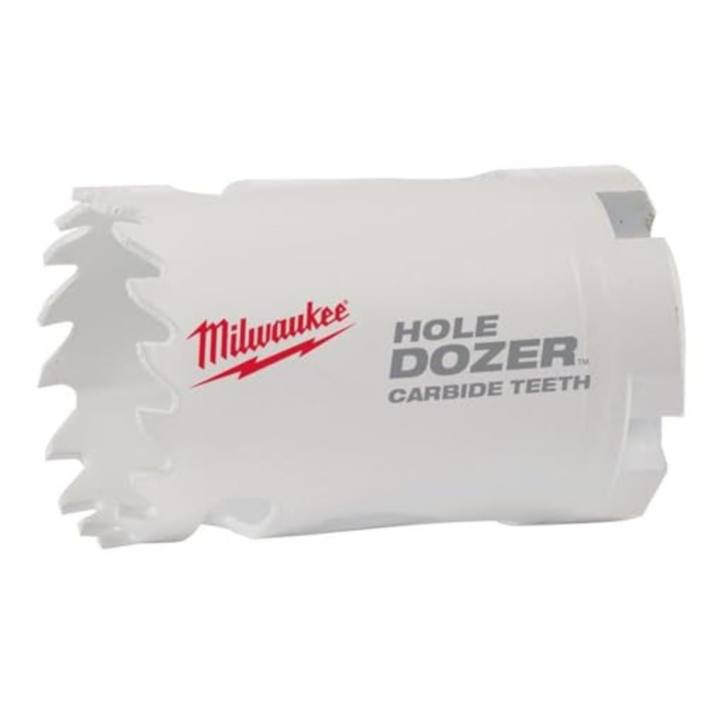 Milwaukee HOLE DOZER carbide teeth hole saw with serrated cutting edges and cylindrical white body.