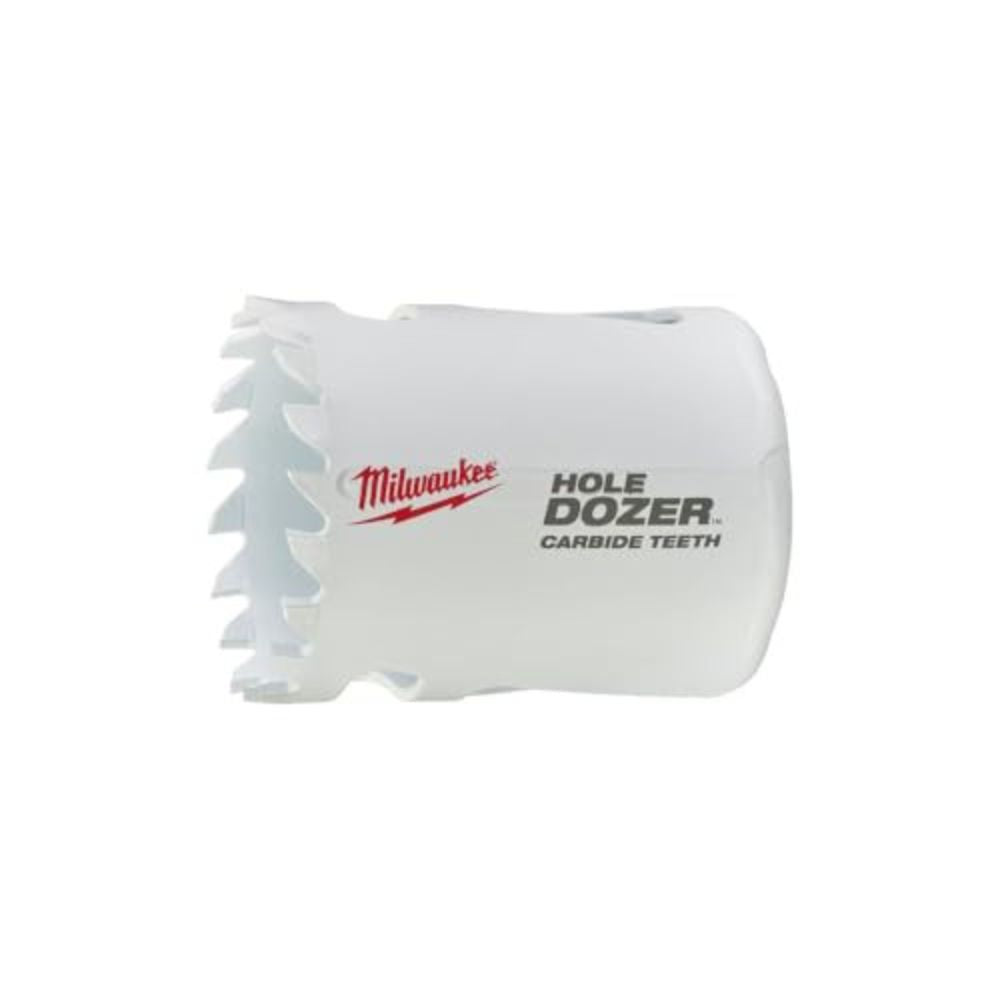 Milwaukee HOLE DOZER hole saw with carbide teeth cutting edges on white cylindrical body.