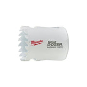 Milwaukee HOLE DOZER hole saw with carbide teeth cutting edges on white cylindrical body.