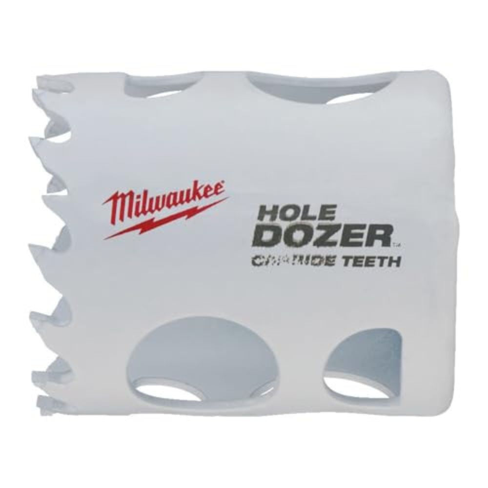 White Milwaukee Hole Dozer hole saw with carbide teeth and serrated edge, model 49-56-0714.