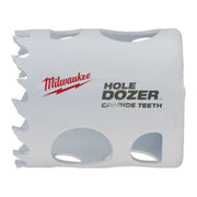 White Milwaukee Hole Dozer hole saw with carbide teeth and serrated edge, model 49-56-0714.