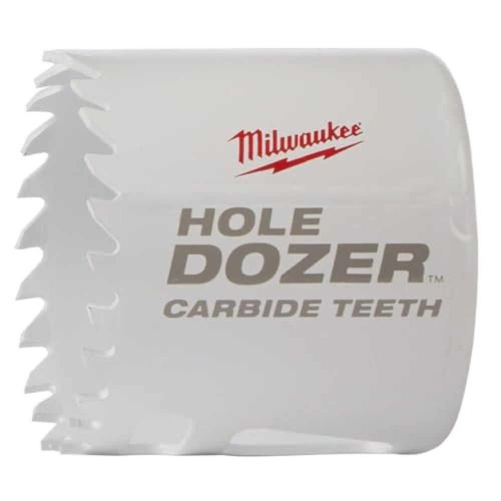 White cylindrical hole saw with carbide teeth edge and Milwaukee branding on the side.