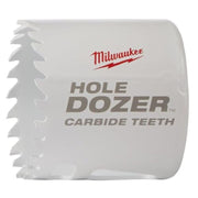 White cylindrical hole saw with carbide teeth edge and Milwaukee branding on the side.