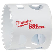 Milwaukee HOLE DOZER 2-1/8" hole saw with carbide-tipped teeth and white cylindrical body.