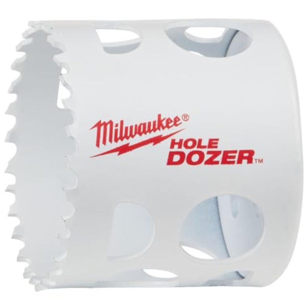 Milwaukee HOLE DOZER 2-1/8" hole saw with carbide-tipped teeth and white cylindrical body.