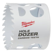 Milwaukee HOLE DOZER hole saw with carbide teeth, white cylindrical body with jagged cutting edges and ventilation holes.
