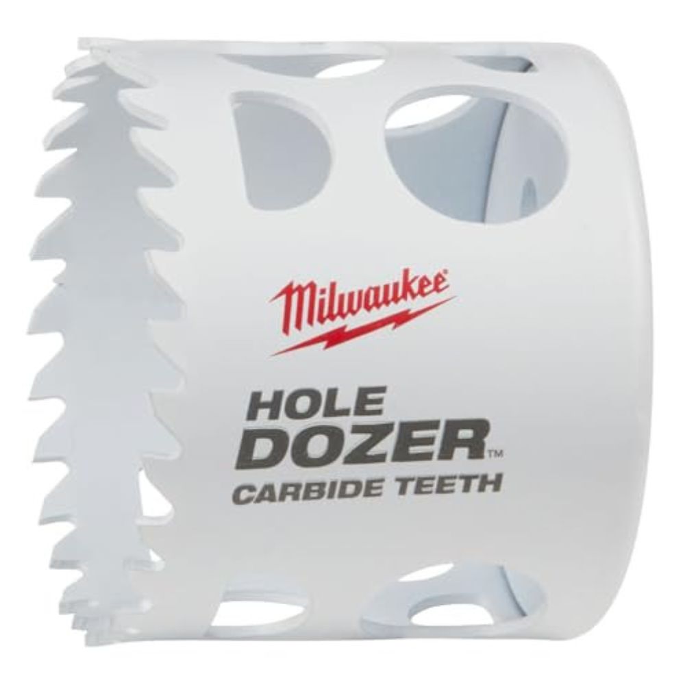 Milwaukee HOLE DOZER hole saw with carbide teeth, white cylindrical body with jagged cutting edges and ventilation holes.