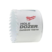Milwaukee HOLE DOZER carbide tooth hole saw with white cylindrical body and serrated cutting edge.