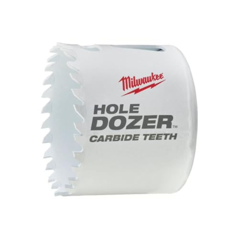 Milwaukee HOLE DOZER carbide tooth hole saw with white cylindrical body and serrated cutting edge.