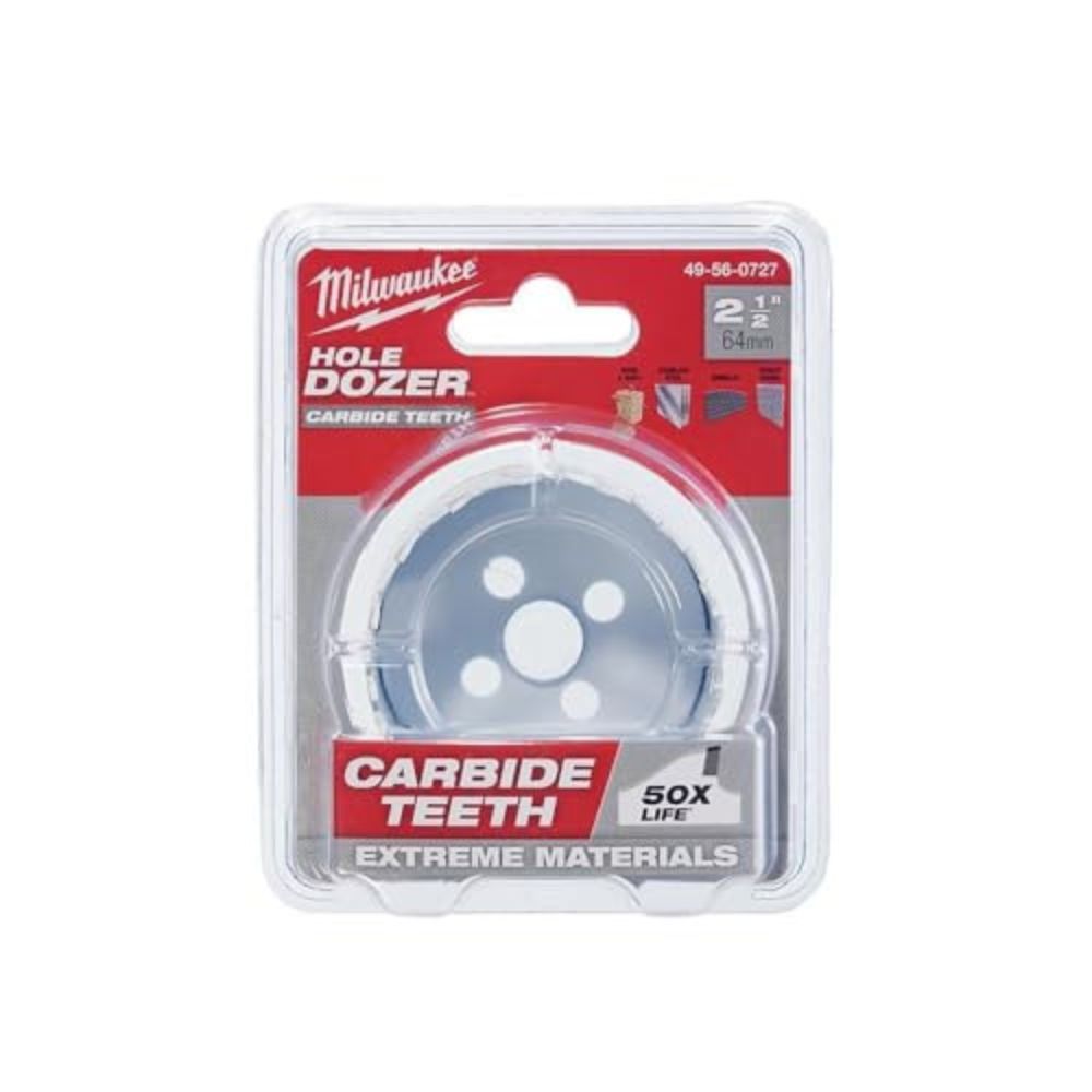 Milwaukee 2-1/2" hole saw with carbide teeth in clear plastic clamshell packaging, labeled Hole Dozer.