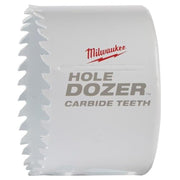 Milwaukee HOLE DOZER carbide teeth hole saw with jagged cutting edge on white cylindrical body.