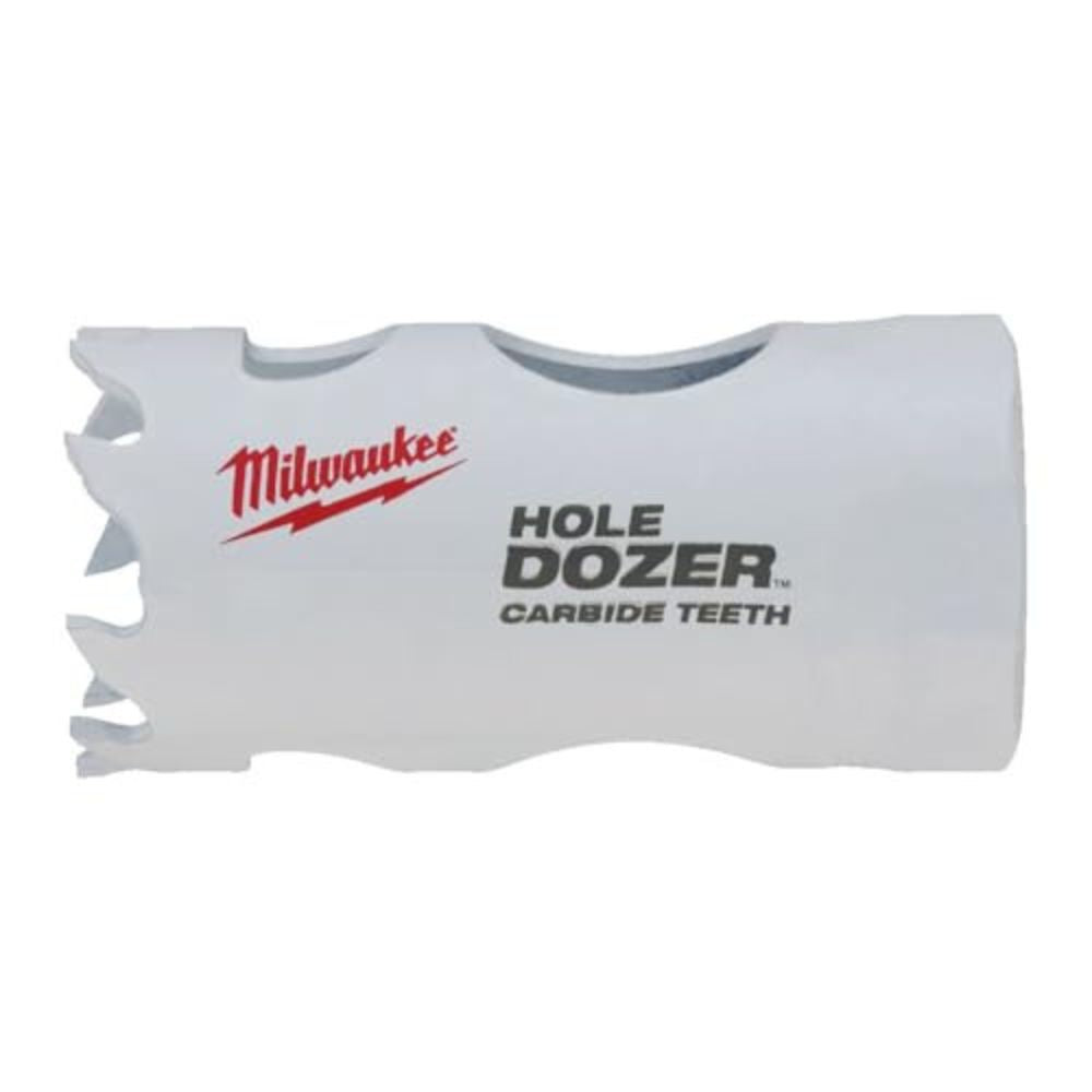White Milwaukee HOLE DOZER hole saw with carbide teeth and serrated cutting edges.