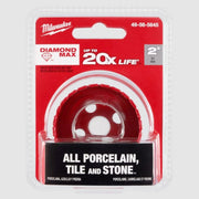 Milwaukee 2" Diamond Max hole saw with red diamond-coated cutting head in clear plastic packaging.