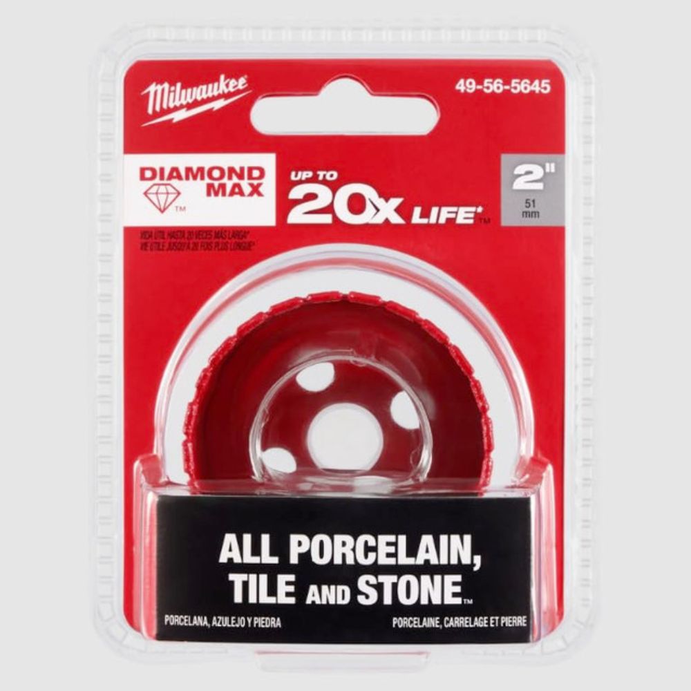 Milwaukee 2" Diamond Max hole saw with red diamond-coated cutting head in clear plastic packaging.