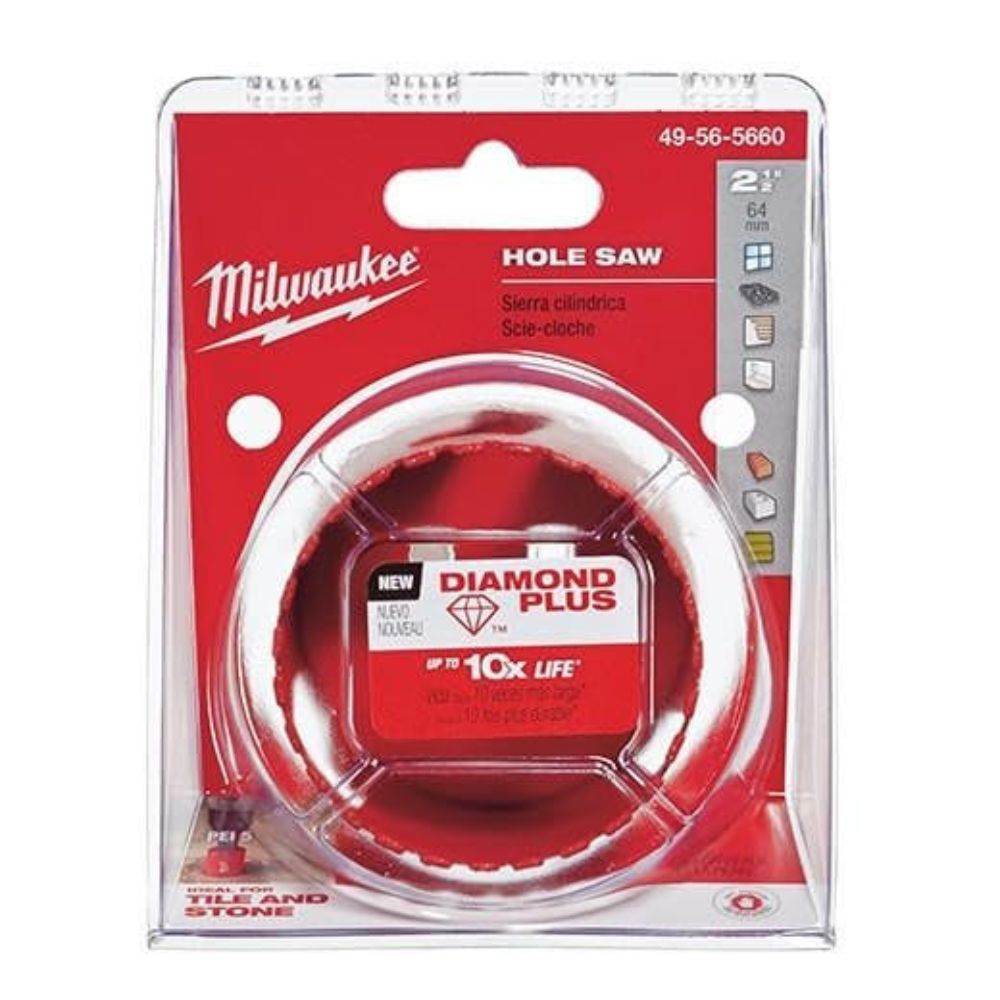 Milwaukee 2 1/2" diamond hole saw with red packaging and clear plastic clamshell case, model 49-56-5660.