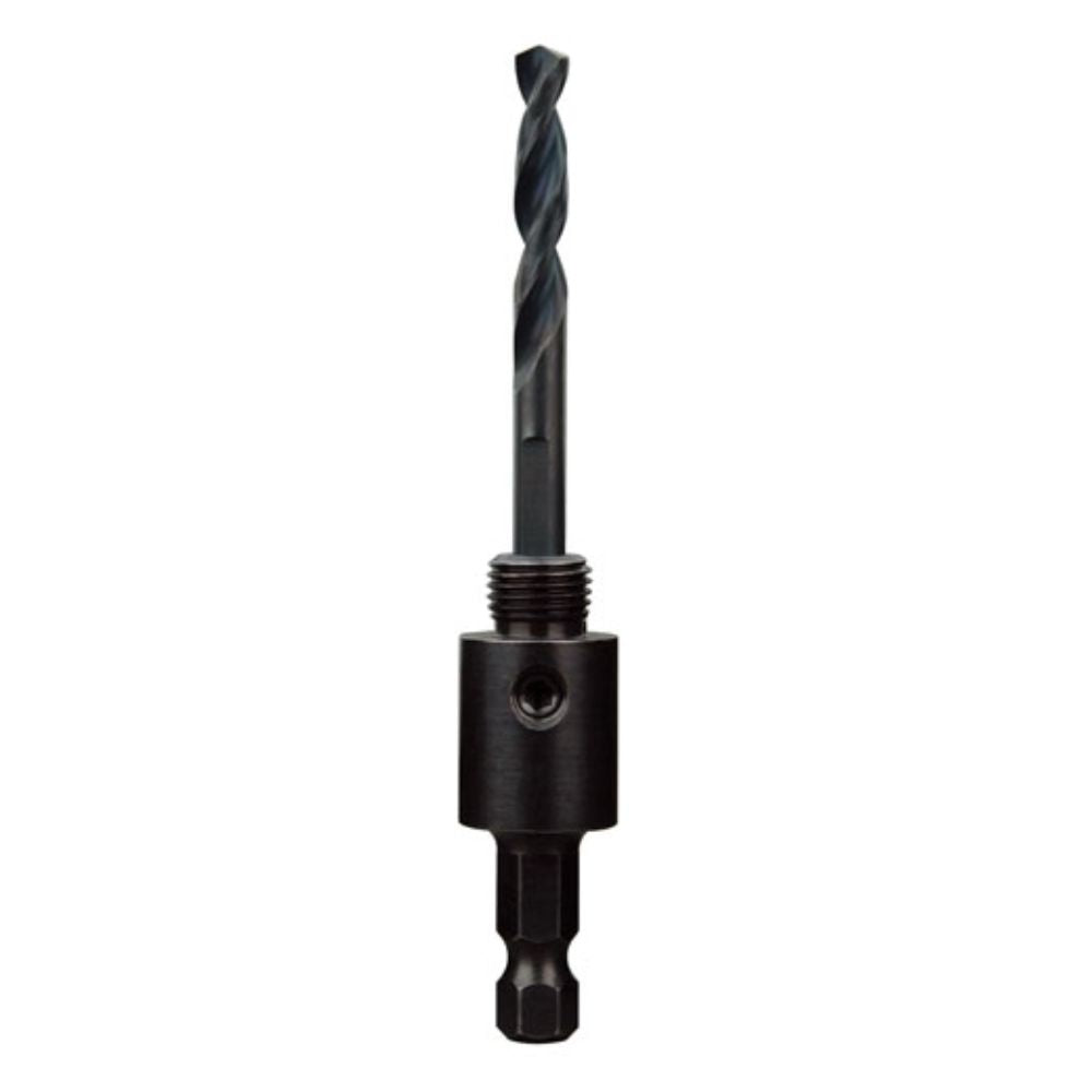 Black thread arbor with spiral drill bit attachment and hex drive shank for power tools.