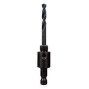 Black thread arbor with spiral drill bit attachment and hex drive shank for power tools.