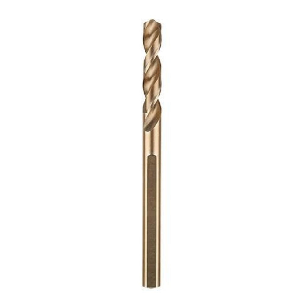 Gold-colored twist drill bit with spiral flutes and cylindrical shank on white background.