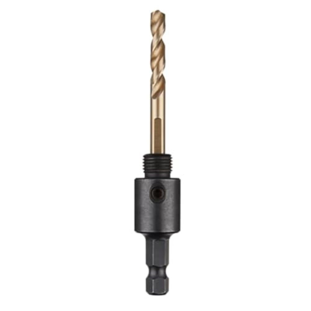 Carbide hole saw with small arbor featuring a gold-colored cobalt pilot bit and black cylindrical adapter body.