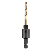 Carbide hole saw with small arbor featuring a gold-colored cobalt pilot bit and black cylindrical adapter body.