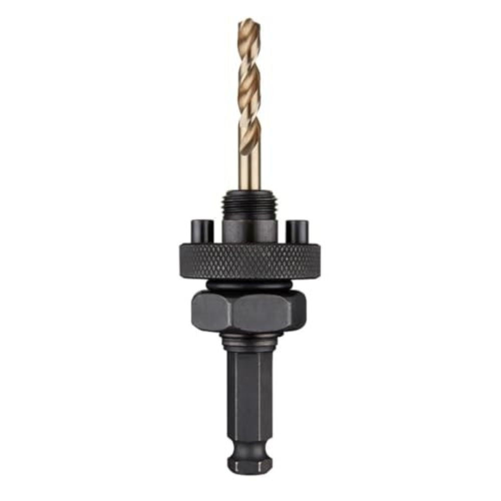 Milwaukee hole saw arbor assembly with gold-colored cobalt pilot bit and black metal components with textured grip collar.