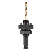 Milwaukee hole saw arbor assembly with gold-colored cobalt pilot bit and black metal components with textured grip collar.