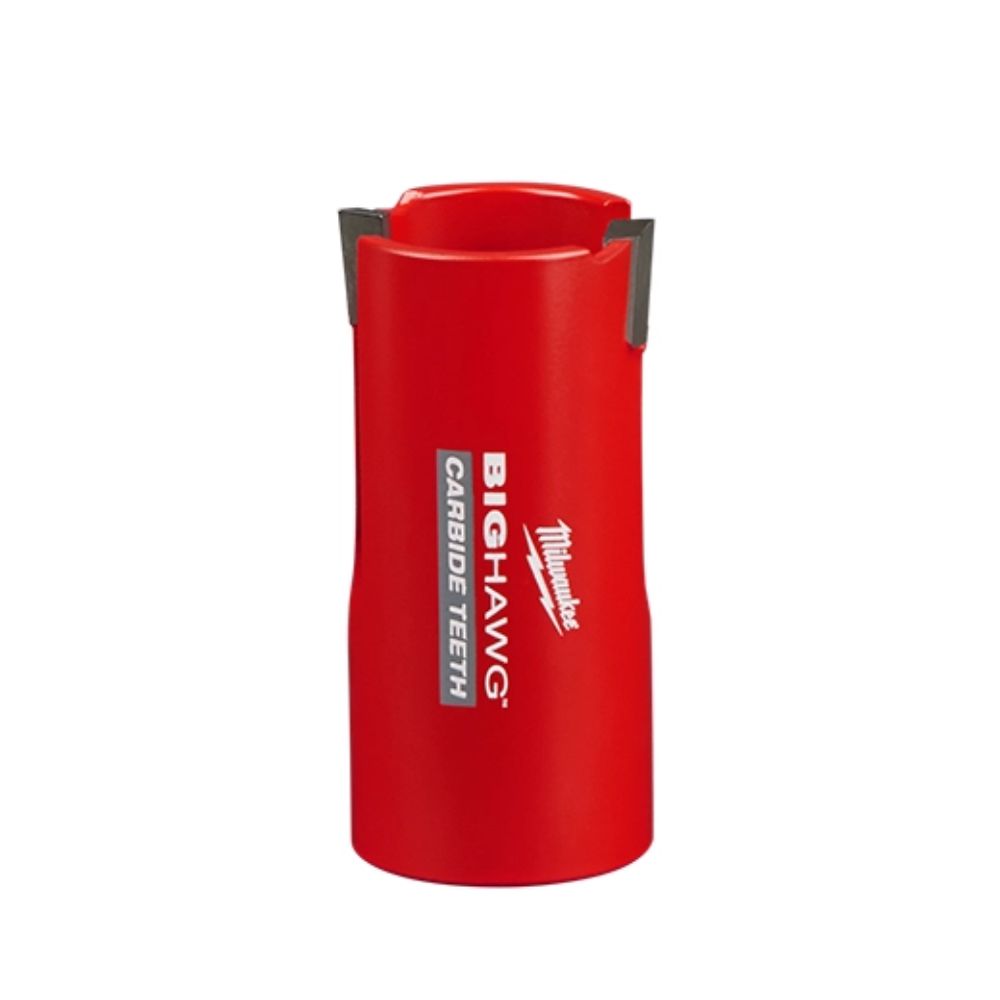 Red cylindrical hole saw with "Big Hawg" and "Carbide Teeth" text, gray mounting tabs on sides.