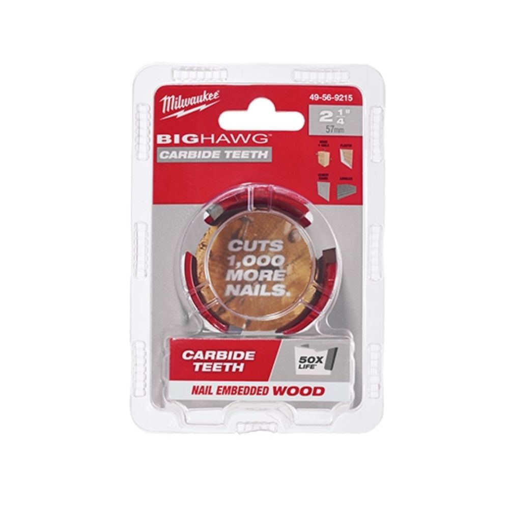 Milwaukee Big Hawg 2-1/8" carbide hole saw with red and silver cutting head in clear plastic clamshell packaging.