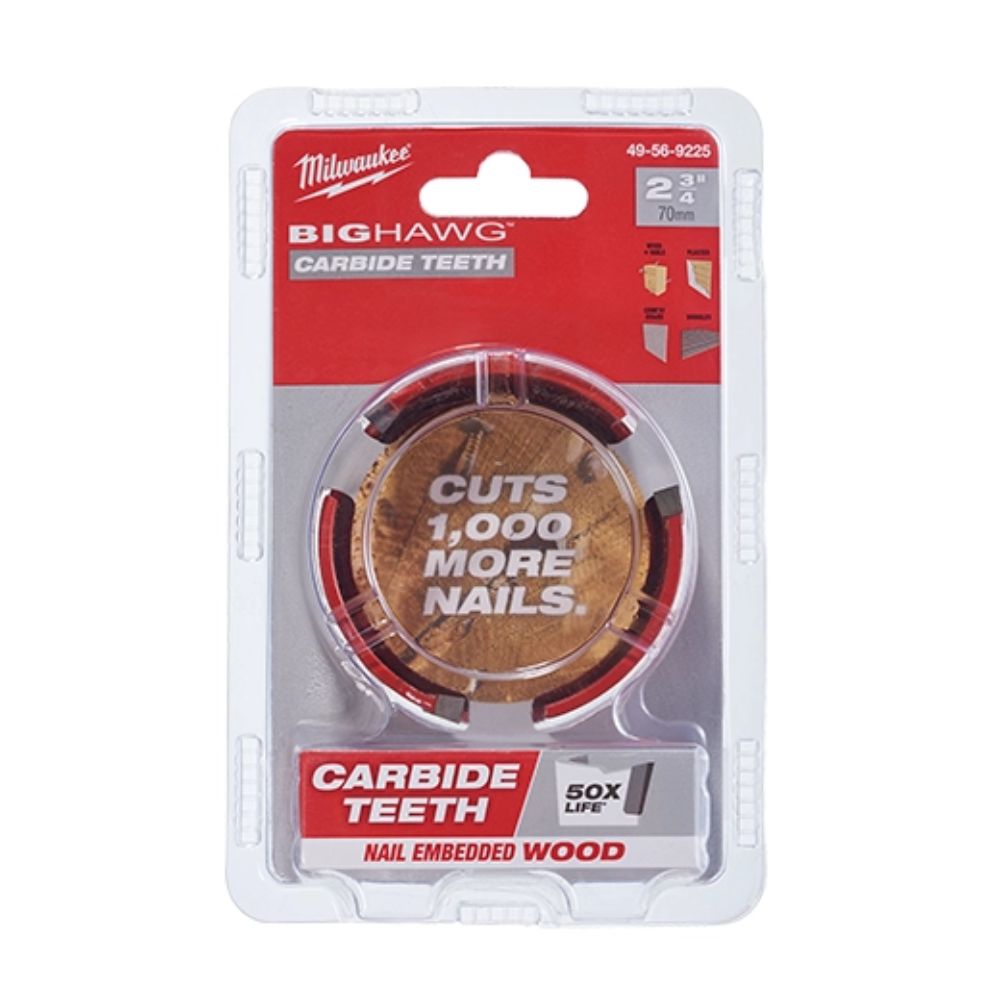Milwaukee BIG HAWG 2-3/4 inch carbide teeth hole saw in clear plastic clamshell packaging.