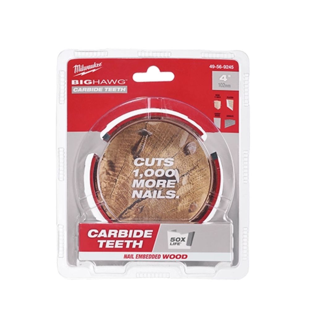 Milwaukee 4-inch BIG HAWG circular saw blade with carbide teeth in clear plastic packaging.