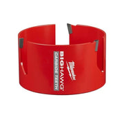 Red cylindrical hole saw with "Big Hawg Carbide Teeth" text and dark carbide cutting teeth positioned around the rim.