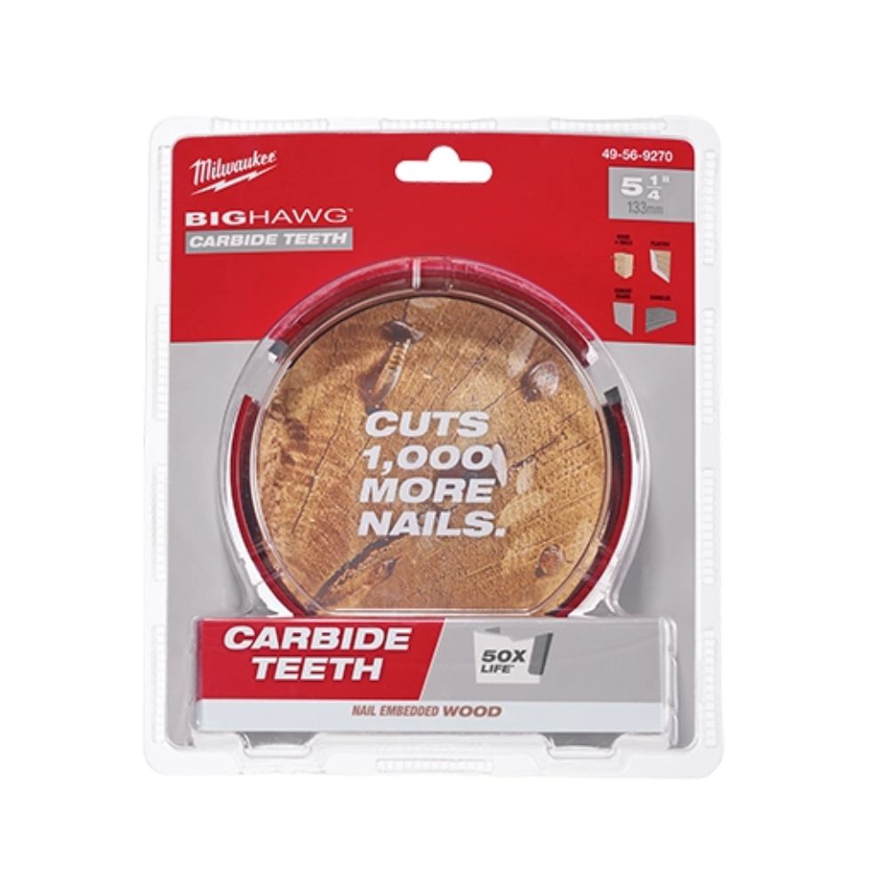 Milwaukee 5-1/4 inch circular saw blade with carbide teeth in clear clamshell packaging.