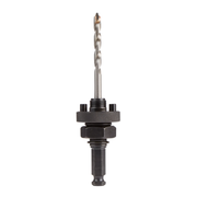 Milwaukee BIG HAWG arbor with spiral twist drill bit and threaded metal shaft with knurled collar and mounting components.
