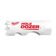 White cylindrical bi-metal hole saw with serrated cutting edges and Milwaukee branding.