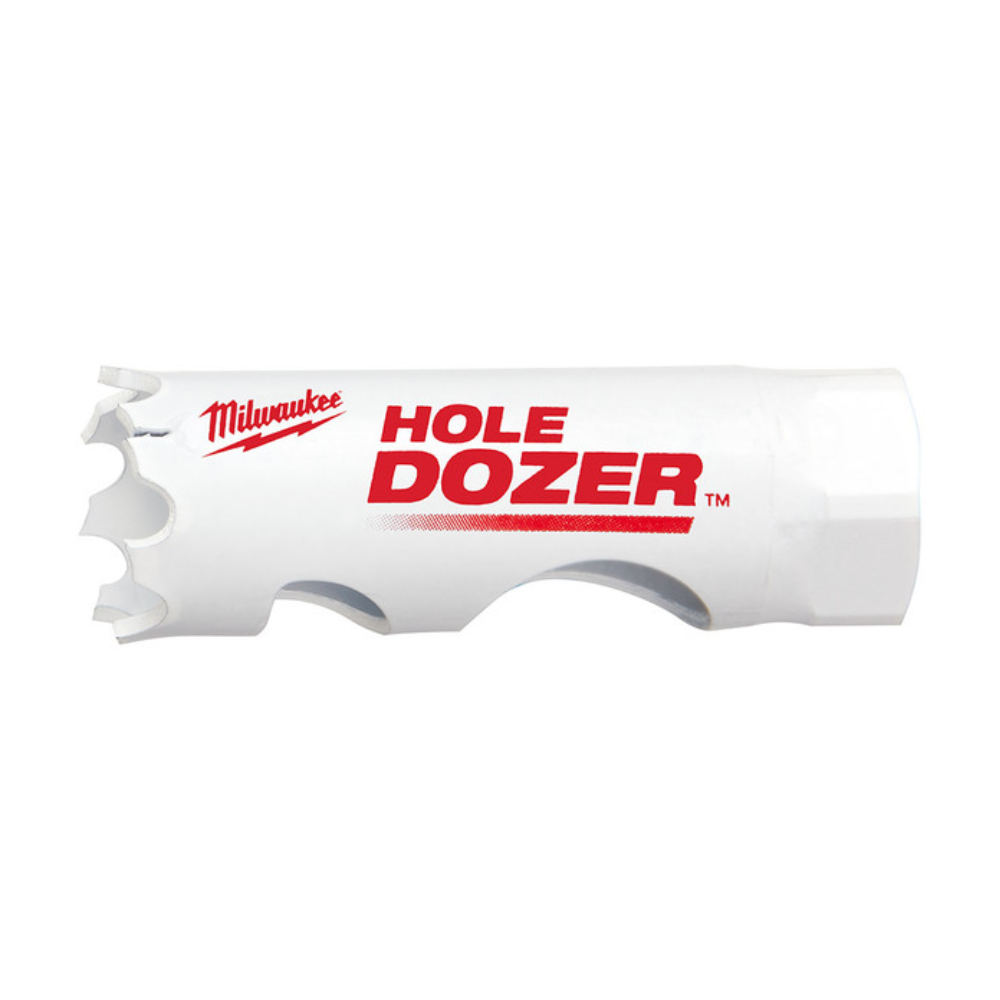 Milwaukee HOLE DOZER bi-metal hole saw with white cylindrical body, red branding, and serrated cutting edge.