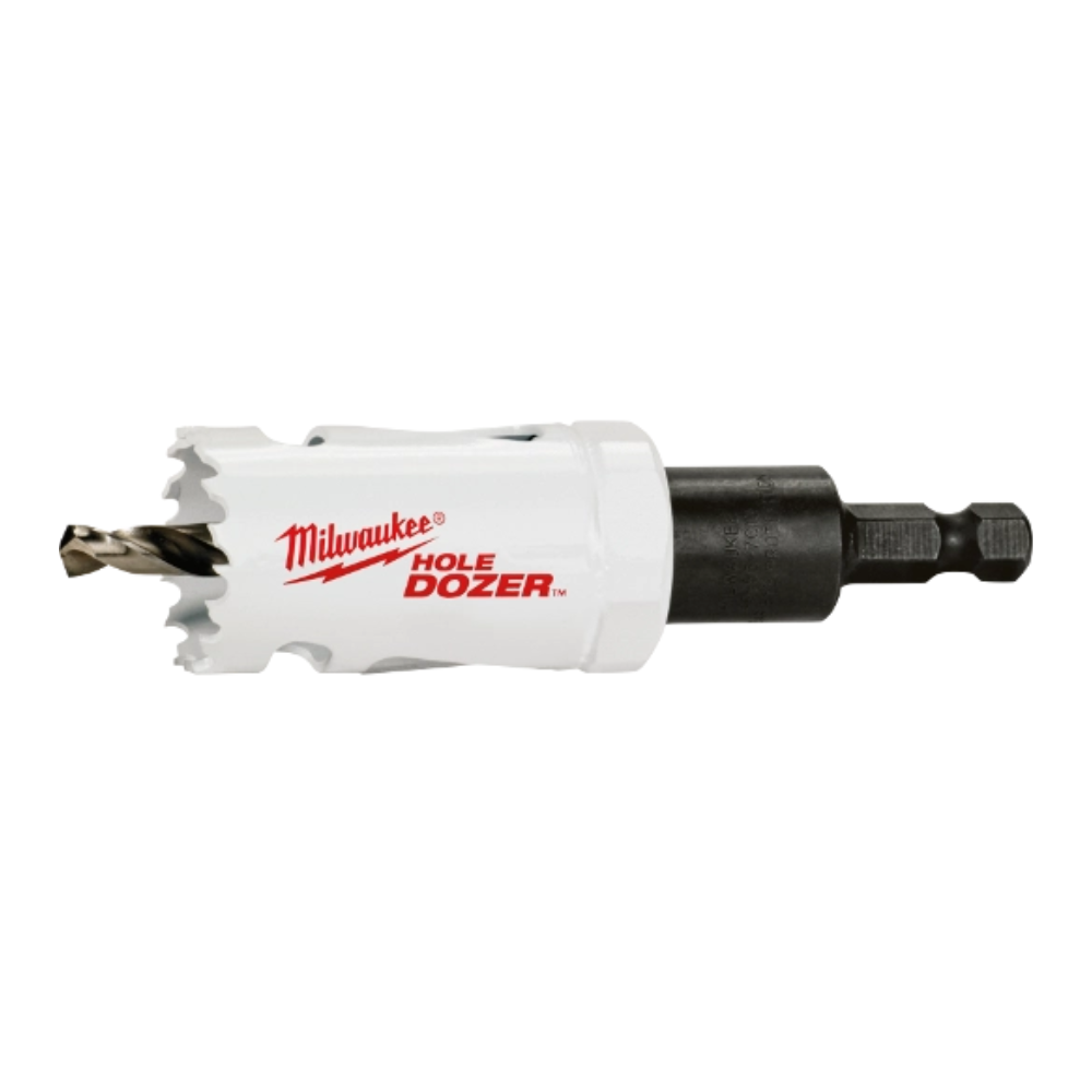 Milwaukee HOLE DOZER bi-metal hole saw with white cylindrical body, black shaft, and drill bit tip.