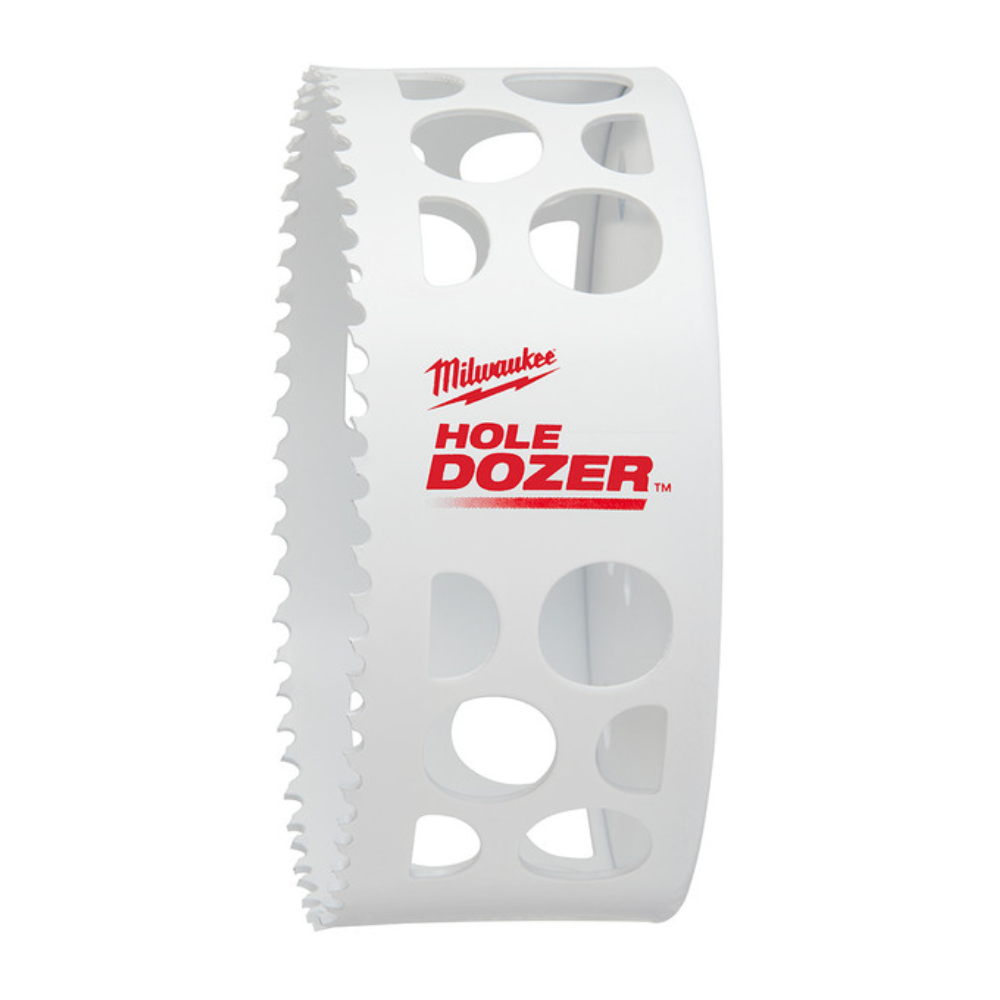 White bi-metal hole saw with serrated cutting edge and multiple openings along the cylindrical body.