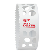 White bi-metal hole saw with serrated cutting edge and multiple openings along the cylindrical body.