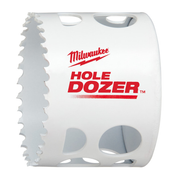 White bi-metal hole saw with serrated cutting edge and mounting holes on white cylindrical body.