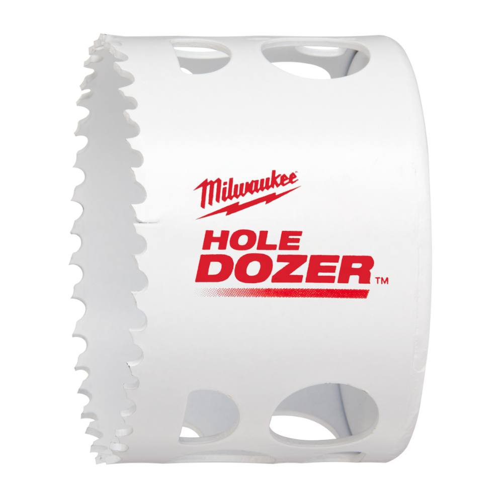 White bi-metal hole saw with serrated cutting edge and ventilation holes, Milwaukee branding visible.