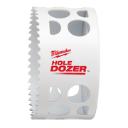 White bi-metal hole saw with serrated cutting edge and multiple ventilation holes, Milwaukee branding visible.