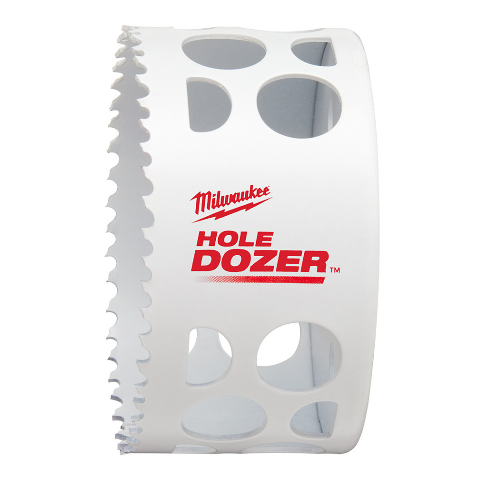 White bi-metal hole saw with serrated cutting edge and multiple ventilation holes, Milwaukee branding visible.