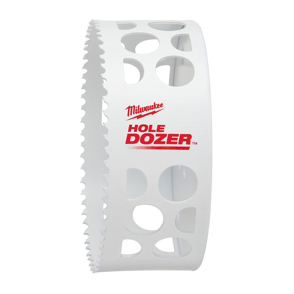 Milwaukee HOLE DOZER 5" bi-metal hole saw with serrated cutting edge and ventilation holes.