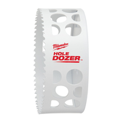 Milwaukee HOLE DOZER 5" bi-metal hole saw with serrated cutting edge and ventilation holes.